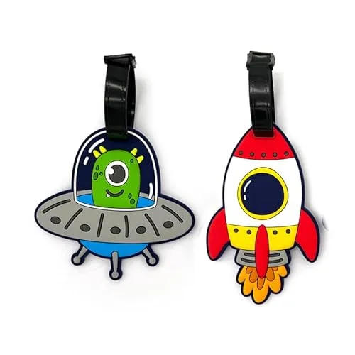 Set mit 2 Etiketten für Flugzeugkoffer aus PVC – Weltraum, Ufo Alien und Rakete, Namensschild für Tasche und Gepäck für Kinder, Puckator