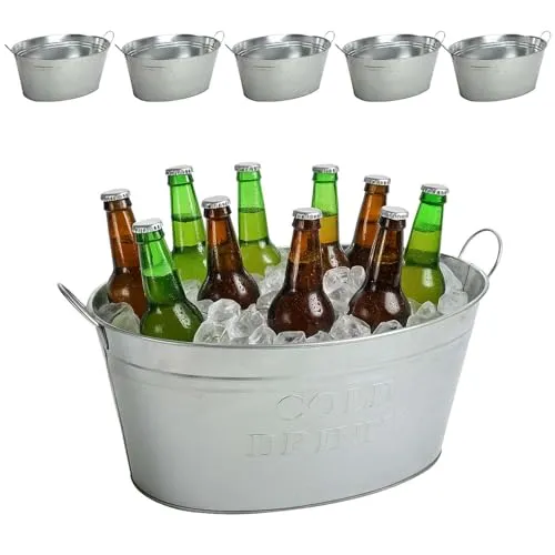 BURI 6x Getränkewanne mit Henkel 24 Liter - Zinkwanne wasserdicht Getränkekühler - Großer Champagner- & Sektkühler, Eiskübel, Eiseimer für Garten-Party mit Aufdruck