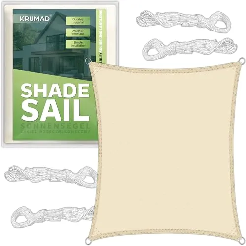 KRUMAD Sonnensegel Rechteckig 3m x 2m, Beige, UV-Schutz, Wasserdicht, Wetterfest, für Garten, Balkon & Terrasse, Atmungsaktives HDPE 160 g/m², inkl. 4 Befestigungsseile