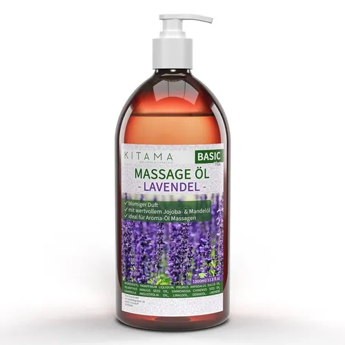 Kitama Aroma Massageöl Lavendel 1L - Entspannung für Körper und Geist - Massageöl für Aromatherapie, Wellness & Spa. Beruhigender Lavendel-Duft kombiniert mit Jojoba- und Mandelöl für optimale Hautpflege und hohe Gleitfähigkeit.