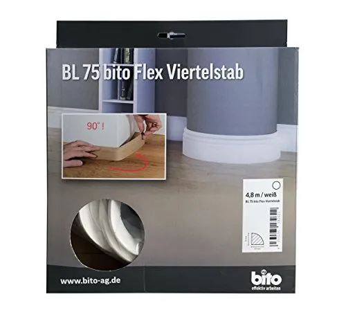 Flexible Sockelleiste, biegbare Fußbodenleiste, Viertelstab Profil, 15x15mm, 4,8 Meter, Farbe weiß