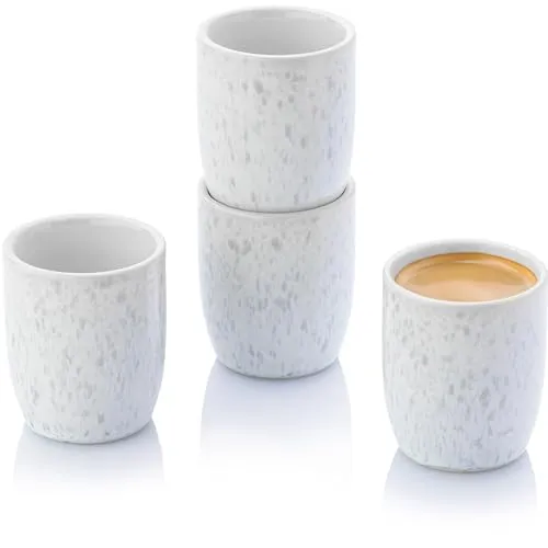 SÄNGER Espresso Tassen Set Santorini 4 tlg – Handgefertigte Steingut Tassen für perfekten Kaffeegenuss - Espresso- & Mokkatassen Set für 4 Personen, handgefertigt, stapelbar und platzsparend. Genießen Sie aromatischen Espresso in stilvollem Design mit flieder-blauem Farbverlauf.