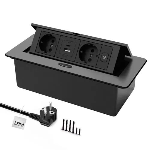 Versenkbare Steckdose, Einbausteckdose mit USB 3.0 Type C 20W Schnelllade Pop Up Tischsteckdose,Steckdose Versenkbar mit 1 x Schalter Platzsparende für Arbeitsplatte, Büro.