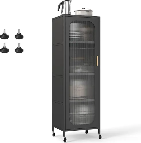 KOMFOTTEU Küchenschrank mit Rollen, 5 Ebenen und verstellbaren Regalen - Vielseitiger Küchenschrank mit transparenten Türen, verstellbaren Böden und stabilen Rollen für einfache Mobilität. Perfekt für flexibles Stauraummanagement in Küche und Wohnzimmer.