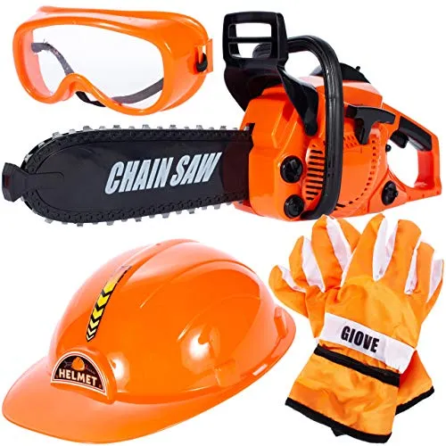 MalPlay Kinderwerkzeug Set mit Kettensäge, Helm, Handschuhe und Arbeitsbrille | Bewegung Geräusche Motorsäge | echter Sound | Tolles Geschenk für Kinder ab 3 Jahren