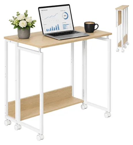 Relaxdays Klappbarer Schreibtisch mit 6 Rollen, platzsparend und mobil