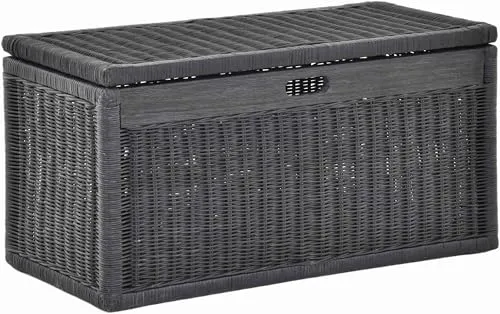 Korb mit Deckel Rattan geflochten - Royal Schwarz, 68cm Breit - Eleganter Aufbewahrungskorb mit Klappdeckel aus handgefertigtem Rattan, ideal für das Badezimmer oder als Schrankkorb, bietet stilvolle Ordnung und ansprechendes Design.