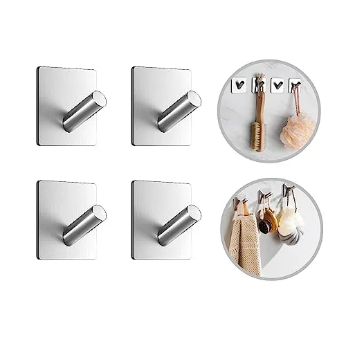 Sbomi Selbstklebend Handtuchhaken, 304 Edelstahl Bademantelhaken Haken Wandhaken Bad und Küche Handtuchhalter Kleiderhaken Ohne Bohren - Haken Selbstklebend - Edelstahl Klebehaken - 4 Stück Silber