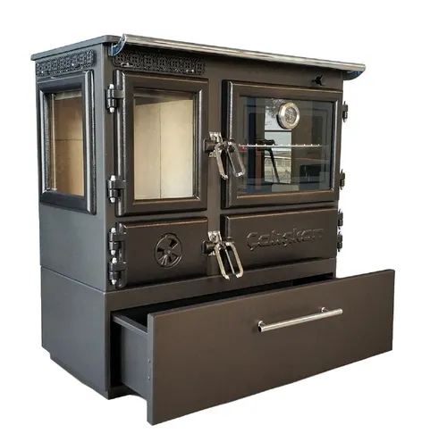 Panorama-Holzherd Modell 214-3D BOX mit 6,42kW - Effizient und stilvoll - Kaminöfen: Hochwertiger Holzherd mit 77,85% Wirkungsgrad, großem Gusseisenbereich und einzigartigem Design für umweltfreundliches Kochen und Heizen.