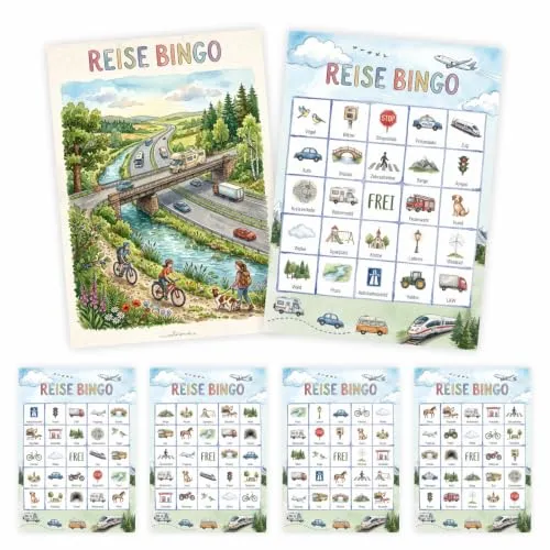 Reise Bingo für Kinder – 10 Bingokarten | Auto Suchspiel, Reisespiel, DIN A6 Postkartenformat, Autofahrt Beschäftigung