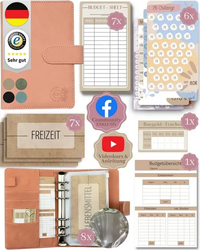 BeginnerBudget Ringbuchmappe Budgetplaner Starter-Set Sparbuch zum Geld Sparen + Spar-Challenges, Sparen mit Umschlagmethode + Anleitung - Ringbuch - Binder A6