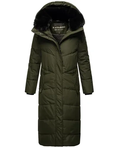 MARIKOO Damen Steppmantel langer Wintermantel warm Anorak gefüttert Teddyfell abnehmbarer Kunstfellkragen & Kapuze Hingucker XS - 5XL (DE/NL/SE/PL, Alphanumerisch, S, Regular, Regular, Dunkel Olive)
