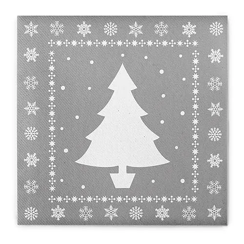 Sovie HOME Serviette WHITE TREE in Silber aus Linclass® Airlaid, Einweg Weihnachtsserviette stoffähnlich, Weihnachten Tannenbaum Schneeflocken, 40x40 cm,12 Stück