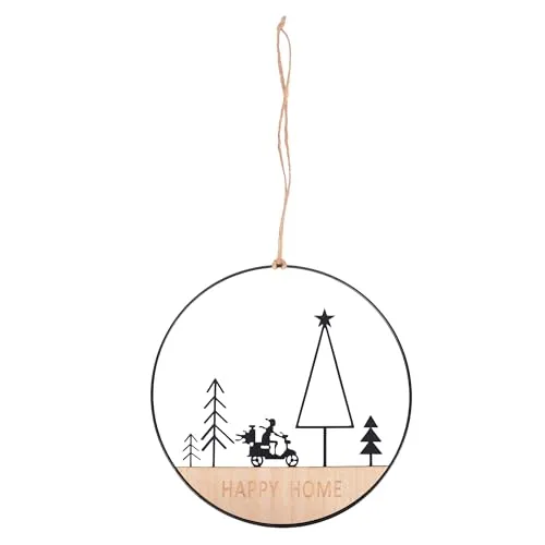 UNUS Deko Aufhänger rund ca. 25 cm Happy Home Schriftzug mit Rollerfahrer und Bäumen Moderne Winterdeko aus Holz und schwarzem Metall zum Aufhängen an Tür oder Fenster