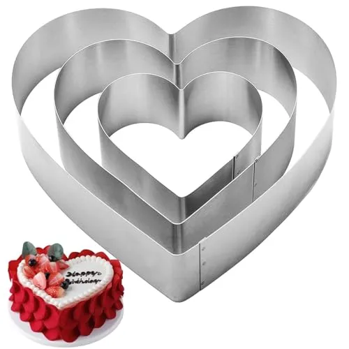 QEEYON Herzbackform, 3-teiliges Set Herz-Tortenring Kuchenform Edelstahl Tortenring Biskuitherz Herz Form Backrahmen für Tortendeko Kekse Back Zubehör Schichtkuchen Kuchen Urlaubs Party