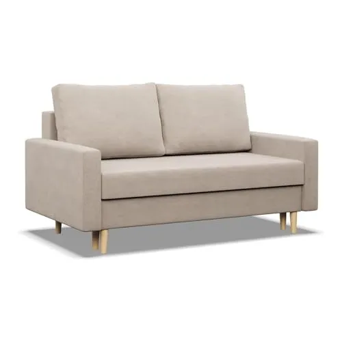Mebligo - Sofa Mit Schlaffunktion und Bettkasten Blank, 2 Sitzer 152 cm Breit, Schlafsofa Mit Bonellfederkern im Sitz, Ausziehbares Couch auf Holzfüßen, Wohnzimmer - Beige