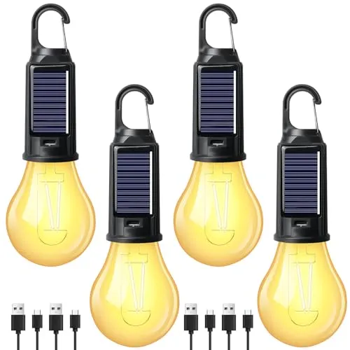Campinglampe Solar, 4 Stücke Licht Aufladbar Zeltlampe, Camping Lantern mit Karabiner, LED Laterne Glühbirne Set für Notfall, Wandern