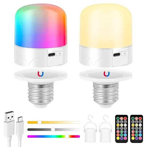 GuKKK USB Aufladbare Glühbirne mit Fernbedienung E27, 2 Stück RGB Aufladbare Glühbirne mit Batterie, 2000mAh Tastensteuerung Dimmbare LED Akku Glühbirne mit Timing-funktion, für Pendelleuchten