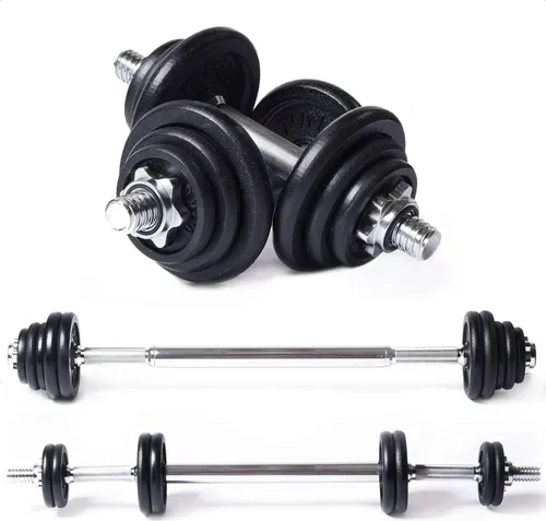 Tunturi Langhantel und Kurzhanteln in 1 - Gusseisen - Set 20 kg - Verstellbare Set - Schraubverschluss 30 mm - rutschfester Griff