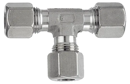 T-Verschraubung aus Edelstahl 1.4571, Rohr-Außen-Ø 18mm - Druckluftzubehör, hochdruckbeständig bis 315 bar, ideal für industrielle Anwendungen und langlebig im Einsatz.