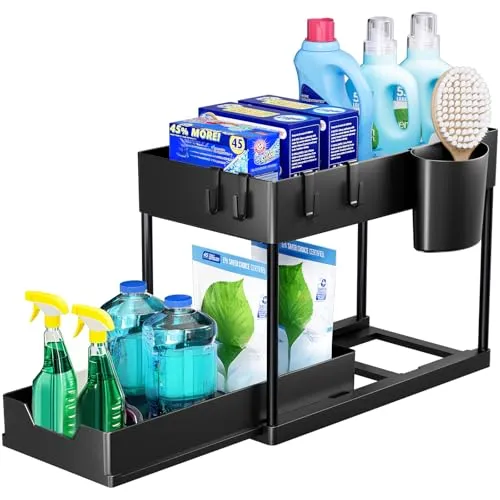 Puricon Unter Waschbecken Regal Spülschrank Organizer, 2 Etagen Standregal Küche Arbeitsplatte Regal Organizer, Mehrfunktional Küchenregal Gewürzregal Unterschrankregal Spülschrankregal -Schwarz