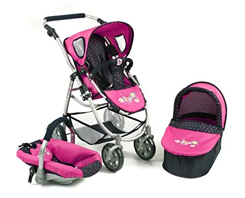 Bayer Chic 2000 637 12-3 in 1 Kombi Emotion All In, Dots, blau/pink - Reisesysteme mit Babywanne, Sportwagenaufsatz und Autositz, flexibel nutzbar mit 3-Punkt-Sicherheitsgurt und höhenverstellbarem Schiebegriff für Puppen bis 52 cm.