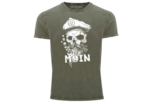 Neverless Print-Shirt Herren Vintage Shirt Moin Kapitän Totenkopf Anker Bart Hamburg mit Print