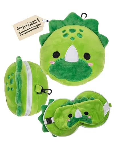 Out of the blue Kinder-Plüsch-Reisekissen Dinosaur mit Augenmaske – Weiches 2-in-1 Nackenkissen für Kinder – Kuscheliges Reisekissen für Auto, Zug & Flugzeug – Waschbar & platzsparend