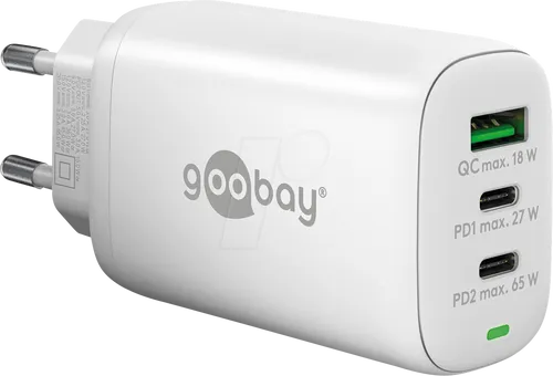 Goobay USB-Ladegerät PD GaN 65407 - 65W Schnellladegerät mit 3 Ports - Ladegeräte für USB-Geräte mit 65W Leistung, ideal für schnelles Laden von 3 Geräten gleichzeitig dank GaN-Technologie und Schutzfunktionen.