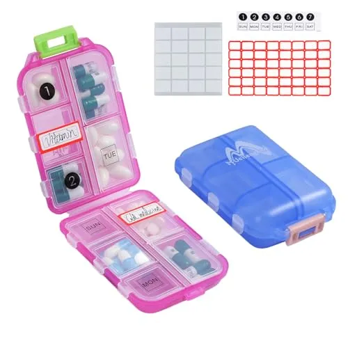 2er Pack Pillenetui Tragbarer kleiner 7-Tage-Pillen-Organizer-Pillenbox-Spender für Geldbörsenfächer Container Medicine Box von Muchengbao (Blau + Hellrot)