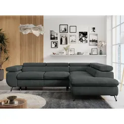 MKS MEBLE Ecksofa Grau mit Schlaffunktion - L-förmige Wohnlandschaft mit verstellbaren Kopfstützen und praktischem Bettkasten, ideal für Komfort und Ordnung im Wohnzimmer.