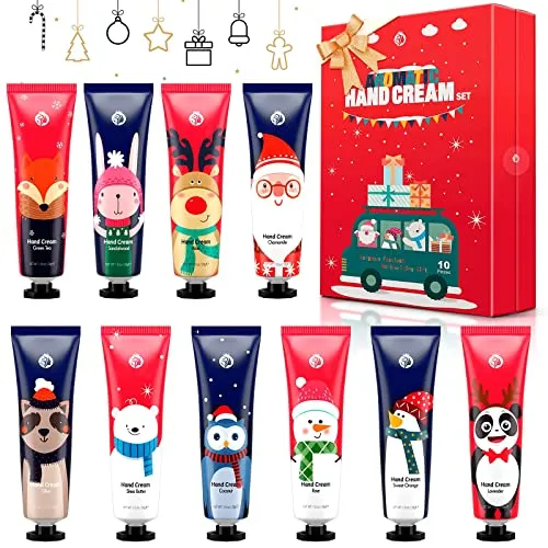Handcreme Set, 10 Stück Mini Handcremes mit Pflanzen Duft, Intensive Feuchtigkeitscreme für trockene und rissige Hände, Pflege Geschenkset für Frauen und Männer, Ideal für Weihnachten und Geburtstag
