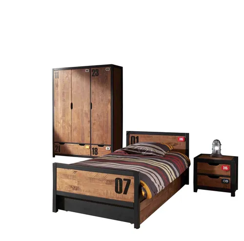 58aufmkessel Kinderzimmer Set - Komplettes Jugendzimmer aus hochwertigem MDF und massiver Kiefer, mit schicker Schwarz-Cognac-Oberfläche und praktischen Applikationen. Ideal für stilvolle und funktionale Kinderzimmer.