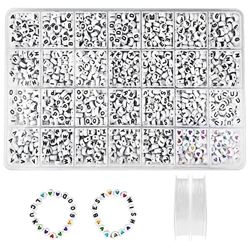 Newpop 1400 Stück Perlen Zum Auffädeln 7 X 4 mm, A-Z Weiß Buchstabenperlen und Bunte Herz, Perlenset mit 2 Elastische Linie für Armbänder Selber Machen, Schmuckherstellung, Halsketten, Ringen