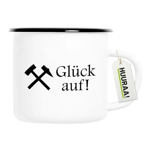 Huuraa Emaille Tasse Glück auf! Ruhrpott Geschenk 300ml Vintage Emaille Becher Glück auf! Geschenkidee