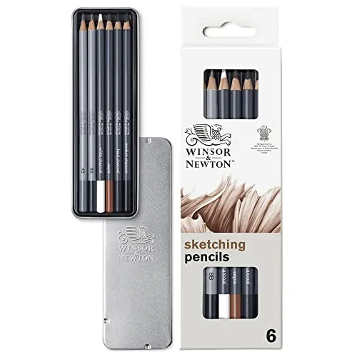 Winsor & Newton 490011 Zeichenstifte Set - 6 teilig - 2 Bleistifte 4B, 8B, 4 Zeichenstifte charcoal, Pierre noire, Sepia , white charocoal