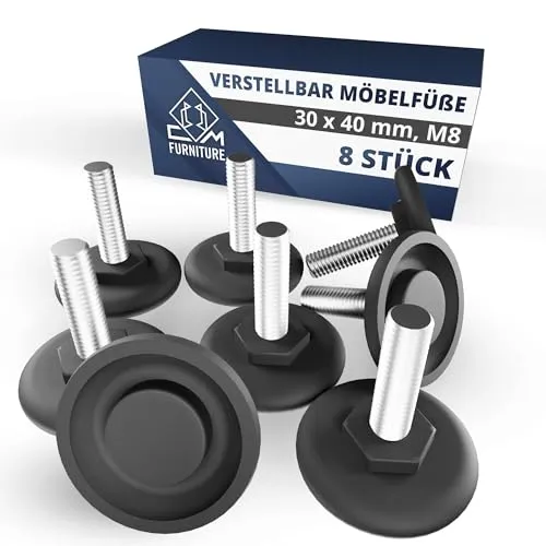 CM Furniture 8x Stellfüße Möbelfüße M8 x 30mm Höhenverstellbare Füße Schraubfüße für Tisch Stuhl Einstellschraube Stuhlbeine Gewinde M8 Einstellbar Verstellschrauben Nivellierfüße Regulierschraube DIY