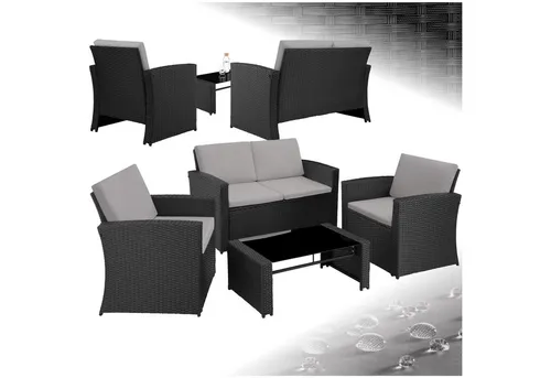 tectake Loungeset Rattan Lounge 5-tlg, schwarz-grau - Gartenmöbel Set mit robustem Stahlgestell und wetterbeständigen Kissen, ideal für entspannte Stunden im Freien.