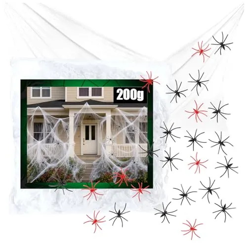 com-four® 25-teiliges Deko-Set für Halloween - 200g dehnbares Spinnennetz mit 24 Spinnen in 2 Farben - gruseliges weißes Spinnengewebe für Halloween, Fasching, Horror- oder Mottopartys