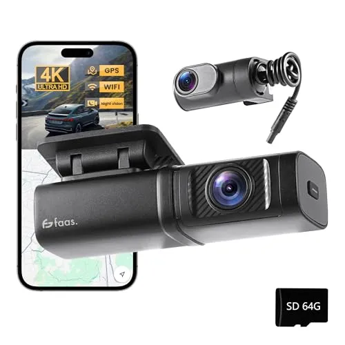 Faas Dashcam Auto Vorne & Hinten – 4K Dual Dashcam – 64GB Micro-SD – G-Sensor, Zeitraffer & Nachtsicht – Parkmodus & Loop-Aufnahme – Schwarz