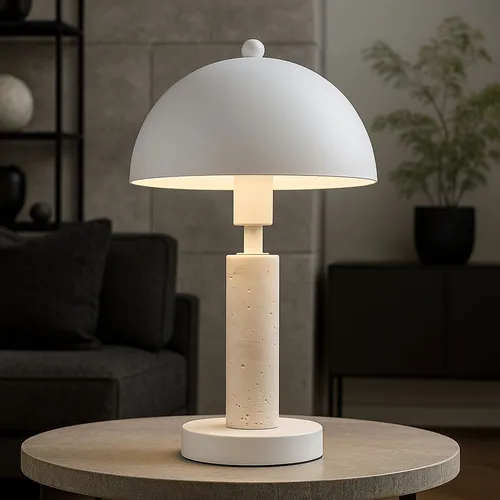 Beistellleuchte Travertine Stein mit LED - Moderne Tischlampe in Weiß - Elegante Tischlampe aus Travertine und Textil, ideal für Schlafzimmer oder Wohnzimmer. Mit warmweißem Licht (2500-3000 K) und hoher Lebensdauer von bis zu 29.000 Stunden.