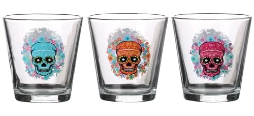 WESTCRAFT Glas | Mexican Skull Wassergläser | Totenkopf Gläser, Schädel Cocktailgläser Trinkgläser, Graffiti Style -Trinkbecher, Perfekt für den Tisch, versch. Größen (3er Set Skull Glas 250ml)
