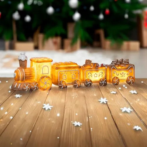 Spetebo LED Lebkuchen Weihnachtszug Aufsteller warm weiß - 4-teilig - Deko Zug beleuchtet Batterie betrieben - Weihnachten Advent Winter Tisch Fenster Deko Beleuchtung Stimmungslicht