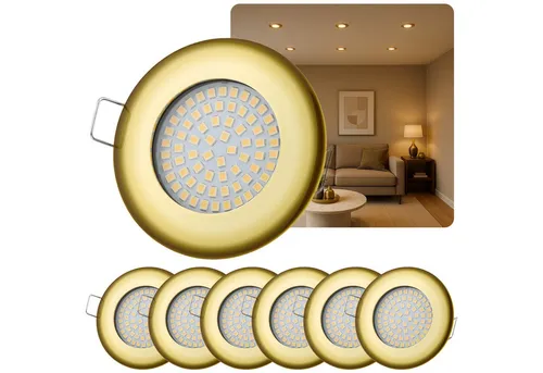 Sweet LED LED Einbaustrahler 6er Set LED Einbauspots Flach rund 5 W gold 230V dimmbar, LED fest integriert, 3000K, warmweiß, Deckenspots, Deckenstrahler, Einbauleuchten