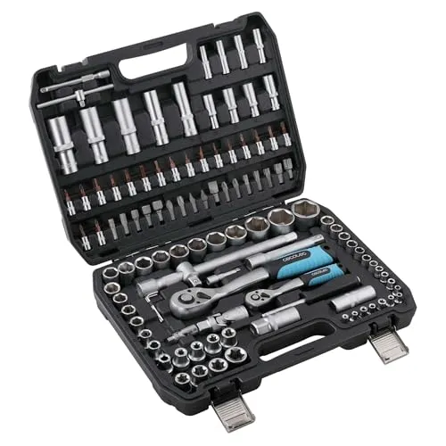Cecotec Werkzeugkoffer ToolBox KRK 4200. 108-tlg., 2 Ratschen 72 Zähne (5°) klein+mittel, CR-V Stecknüsse inkl. Radmuttern, Schraubendreher mit Wechselspitze, S2 Bits, Organizer-Koffer mit 2 Schnallen