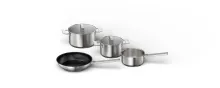 Topf-Set HZ9SE040 Edelstahl, 4-teilig für Induktion - Geschirr: Hochwertiges 4-teiliges Topf-Set aus Edelstahl, ideal für Induktion und mit zwei Glasdeckeln für optimale Sicht während des Kochens.