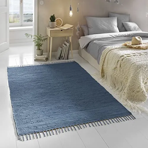 TacaHome Flicken-Teppich 100% Baumwolle I Waschbarer Fleckerl mit Fransen I Esszimmer Küche Badezimmer Wohnzimmer Kinderzimmer | 90 x 160 cm Blau