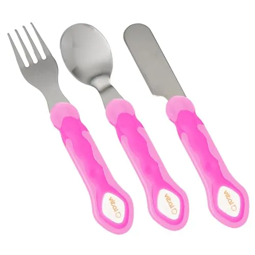 Vial Baby Kinder Besteckset 3-teilig Messer, Gabel und Löffel aus rostfreiem Edelstahl und ergonomischem FlexiSafe Griff für einfache Haltung und selbständig essen, BPA-frei, 12 Mon+ (pink/magenta)