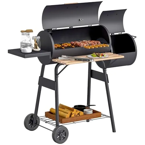 Outsunny Smoker Grill BBQ Holzkohlengrill Grillwagen Multifunktion mit 2 x Brennkammer Schornstein Metall + Tannenholz Schwarz 124 x 53 x 104 cm