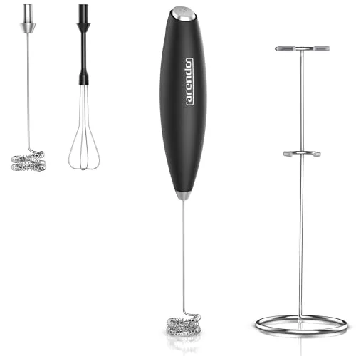 Arendo - Stab Milchaufschäumer elektrisch - MINI MILKSPACE - elektrischer Handmilchaufschäumer mit Batterien – Motor mit 13.000 U/min – Schneebesen und Dual-Quirl - Ständer – Cappuccino Shakes Cocktai